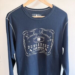 Lucky Brand Men Navy Blue Henley Logo Dungarees America Long Sleeve Shirt Small